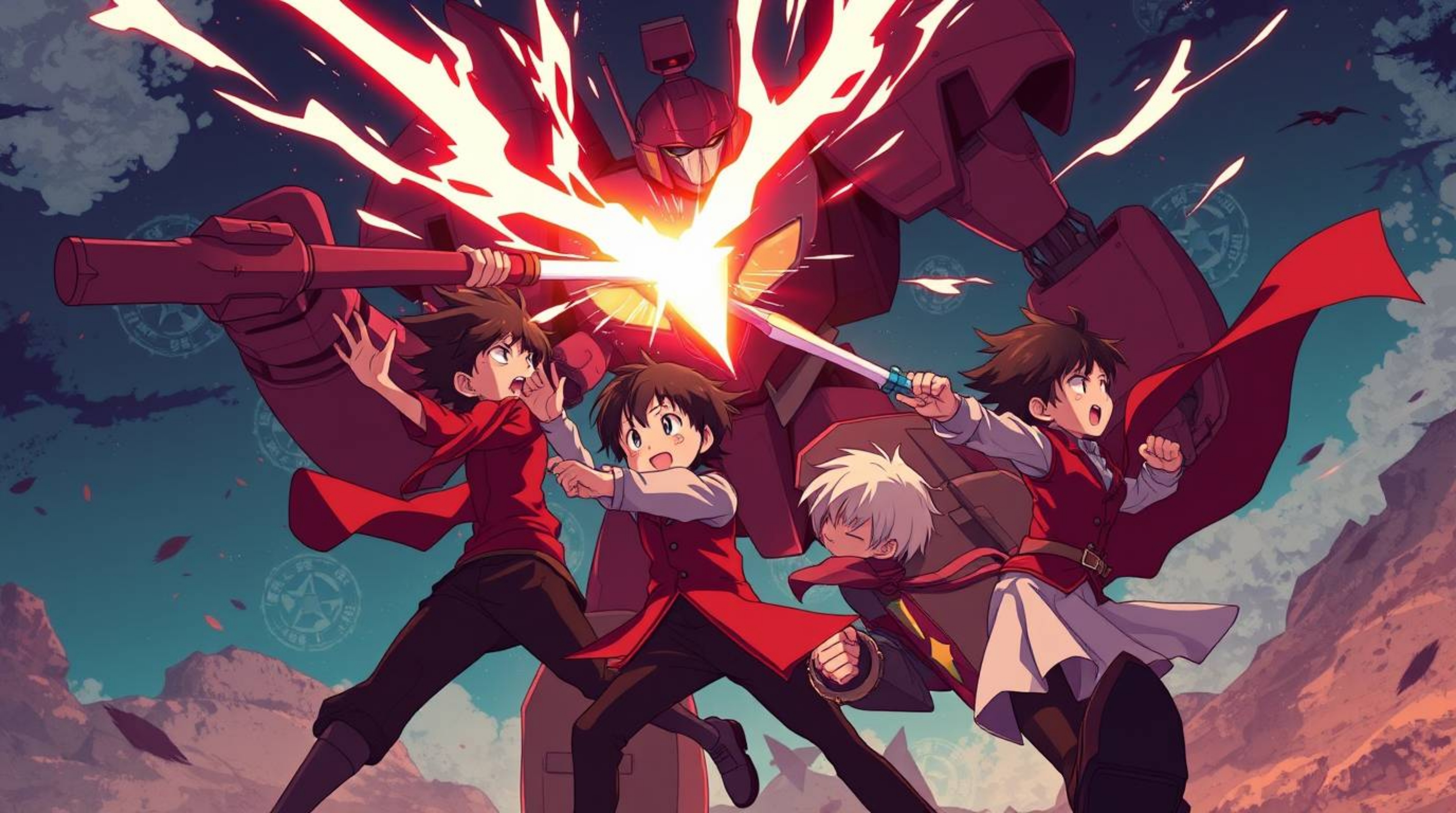 An isekai anime-style illustration showcases a dynamic battle scene between three superpowered children and a formidable robo
