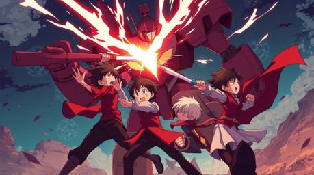 An isekai anime-style illustration showcases a dynamic battle scene between three superpowered children and a formidable robo