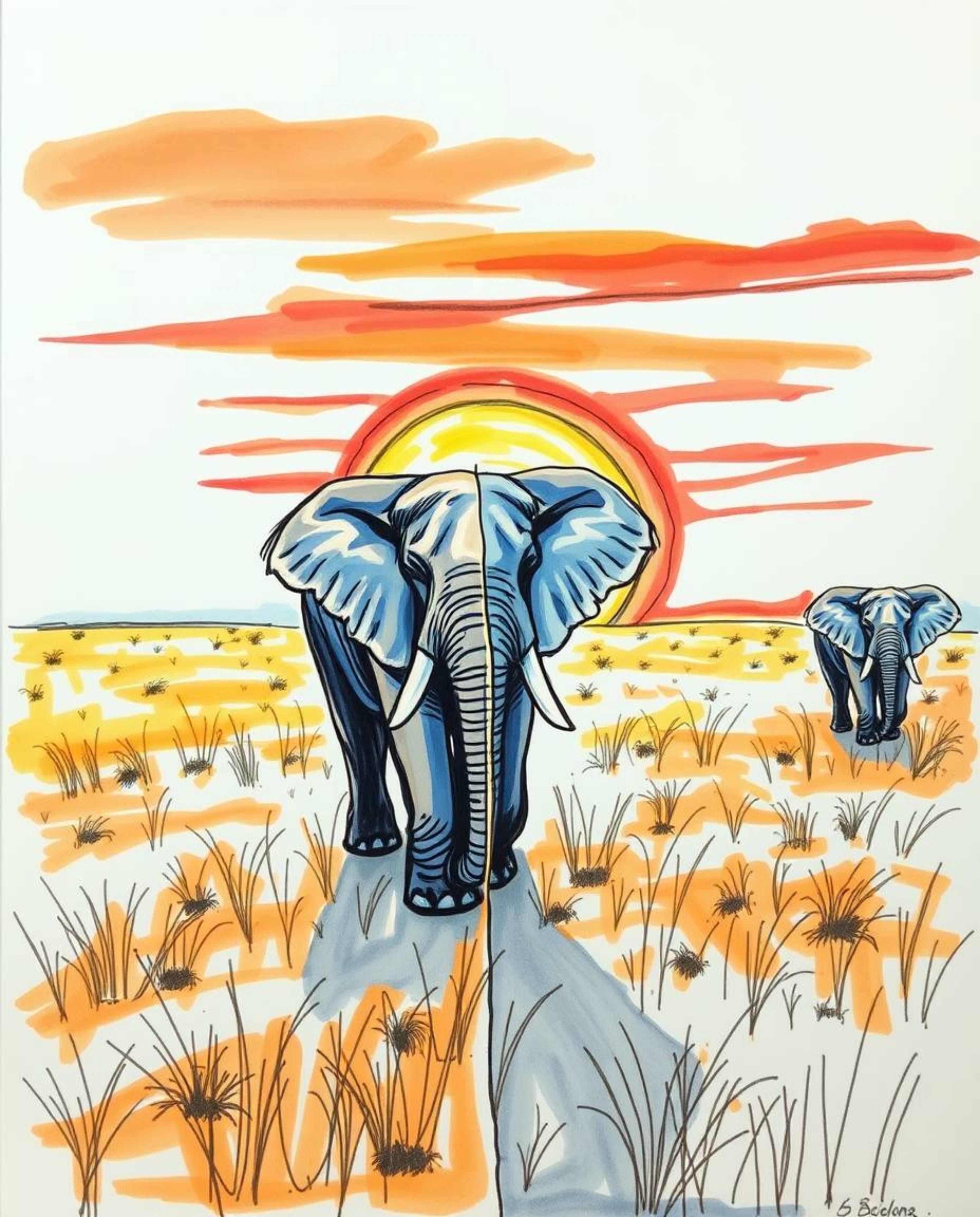 Hand-drawn sketch: Distinctly split sections of elephants traversing a sunset field in color sketchnote style. Bold areas, ar