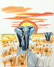 Hand-drawn sketch: Distinctly split sections of elephants traversing a sunset field in color sketchnote style. Bold areas, ar