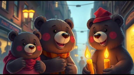 Embark on a captivating urban adventure with a bear family, bathed in vibrant colors and the warm flicker of candlelight. Exp