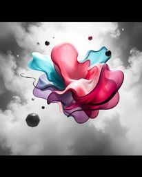 A timeless and elegant abstract composition in classic black and white, featuring colorful 3D fluid shapes interacting with g