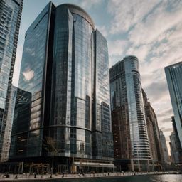 This sleek, glass-clad skyscraper stands tall in the vibrant heart of a modern financial district, surrounded by a stunning c