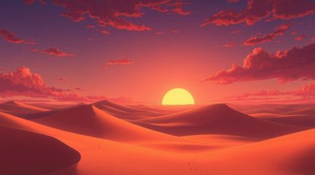 Experience a breathtaking Isekai-style anime depiction of a sunset over majestic golden desert dunes.  The scene features an 