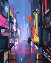 A stunning oil painting showcasing a futuristic cityscape bathed in colorful neon splashes. The cyberpunk environment is rend