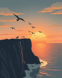 This is a strong, moody-style illustration that depicts an adorable and cute sunset over a coastal cliff, complete with soari