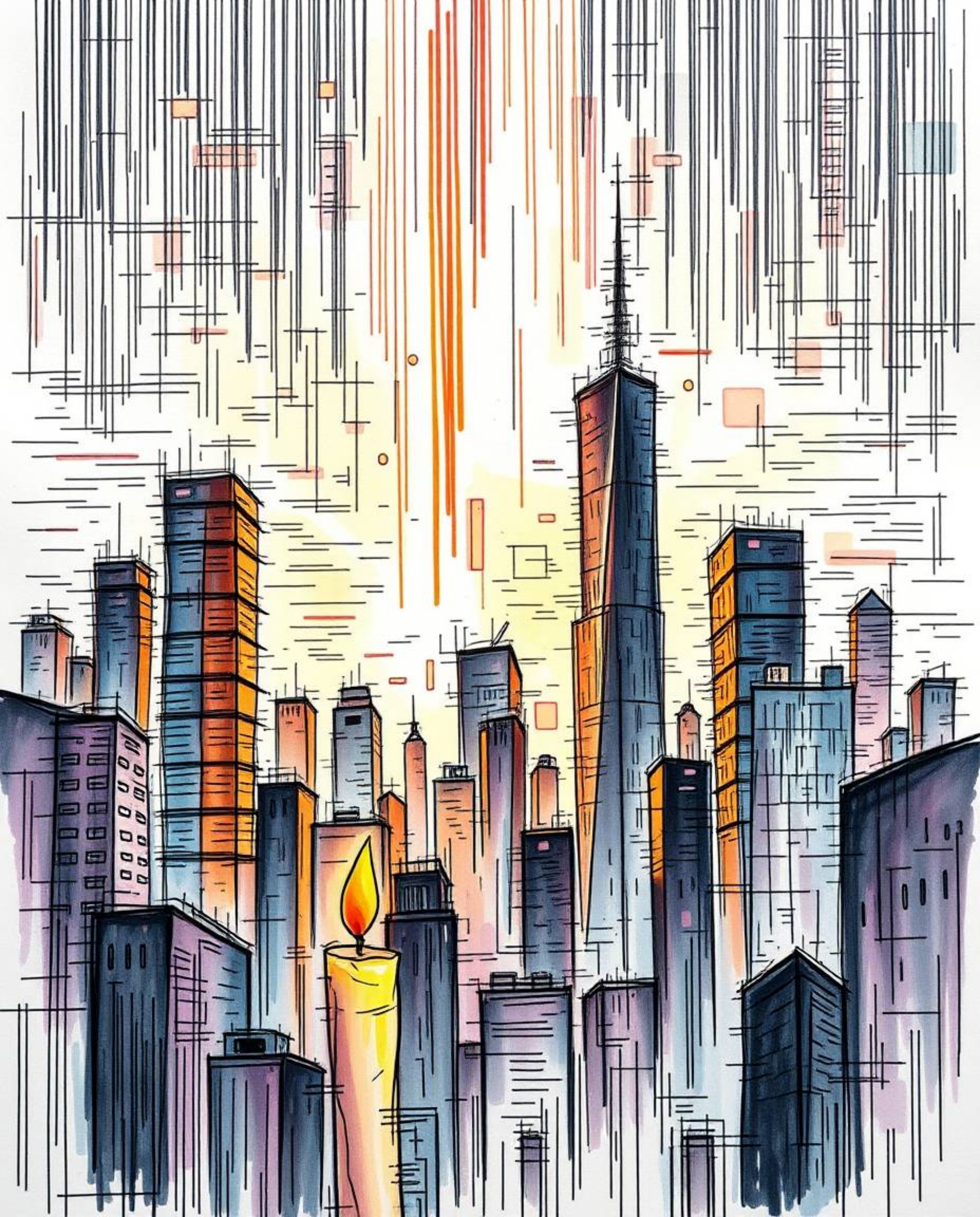 A captivating hand-drawn sketchnote depicts a glitchy digital landscape featuring distorted skyscrapers and static noise.  Wa