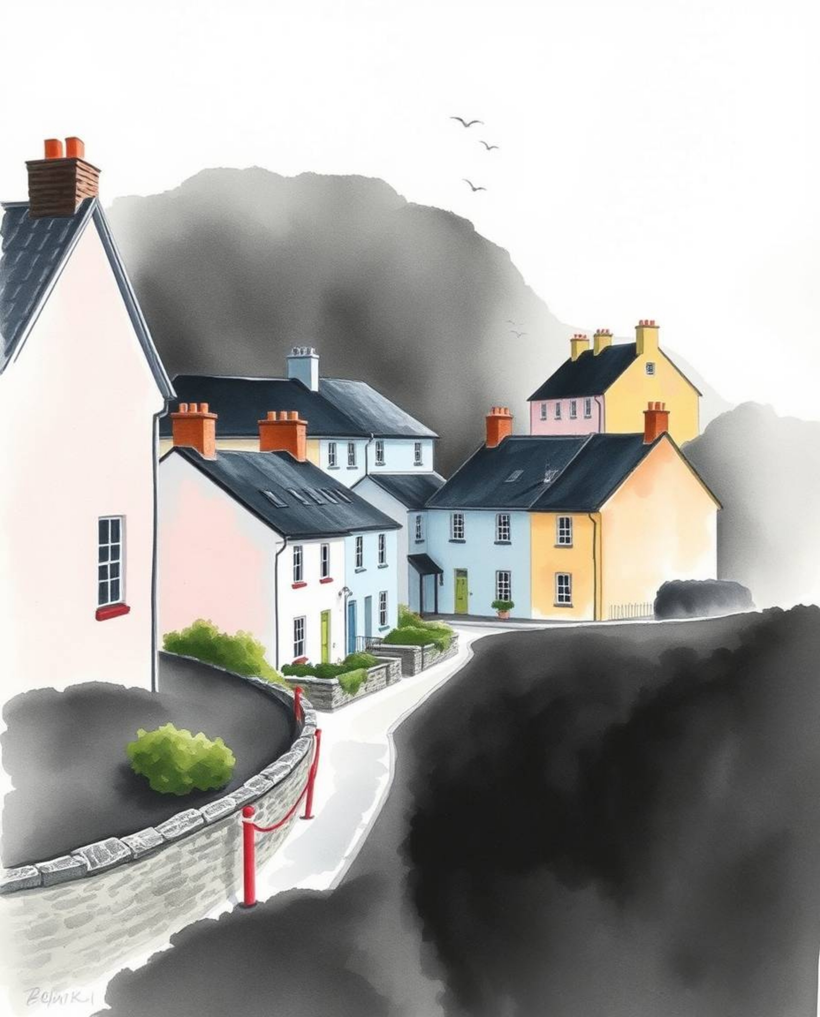 Capture the serene beauty of a sleepy town rendered in delicate watercolor.  This artwork features pastel-colored houses bath