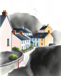 Capture the serene beauty of a sleepy town rendered in delicate watercolor.  This artwork features pastel-colored houses bath
