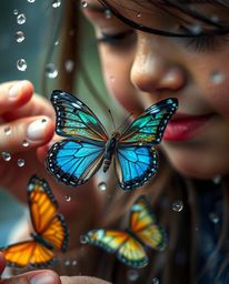 A captivating extreme macro photograph depicts a girl releasing butterflies into a drizzling rain. The image emphasizes intri