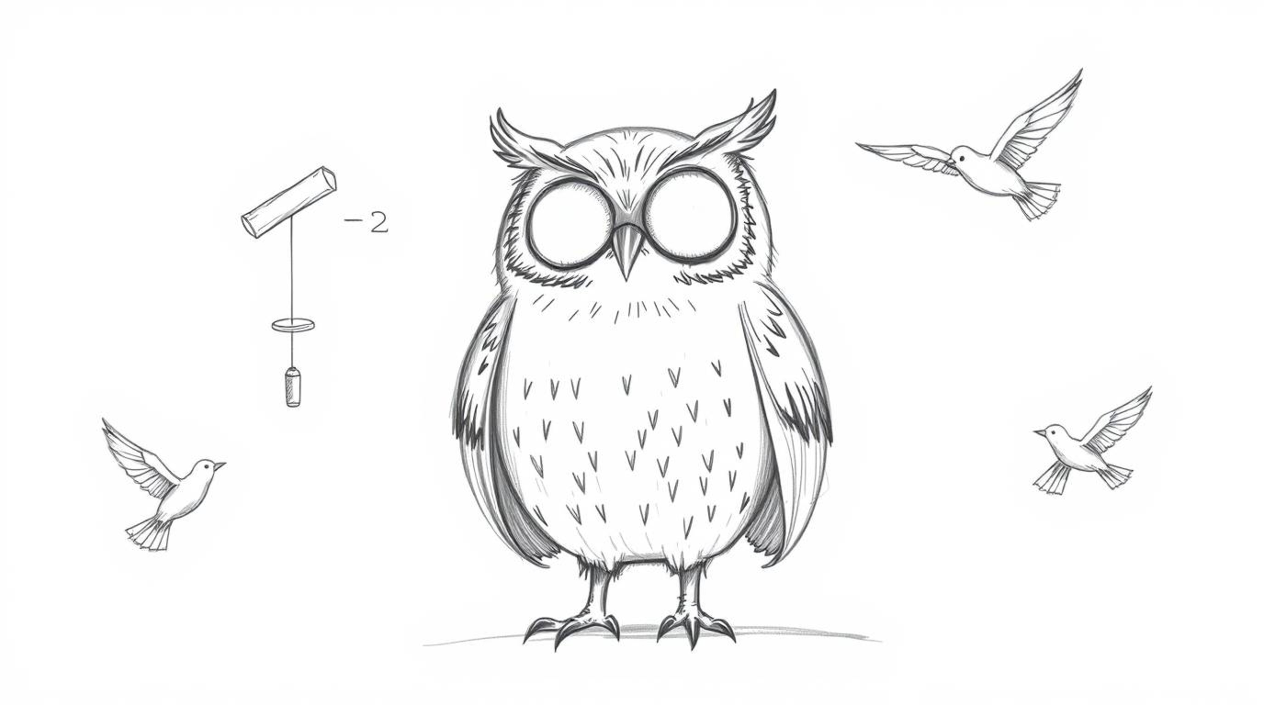 A charming hand-drawn sketch in the style of Pixar features a wise, blind owl with expressive features, rendered in soft, tex