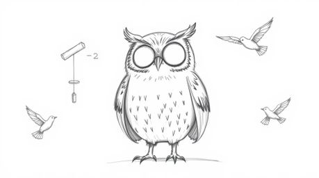 A charming hand-drawn sketch in the style of Pixar features a wise, blind owl with expressive features, rendered in soft, tex