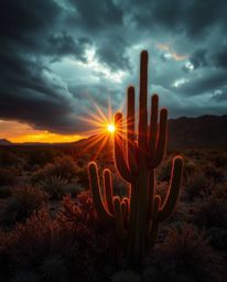 A desert cactus glows vividly in the last rays of the sun, set against the backdrop of a dramatic, stormy sky. This scene is 