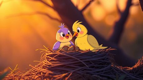 A captivating long-exposure photograph showcases two cartoon birds diligently constructing their nest. Rendered in a classic 