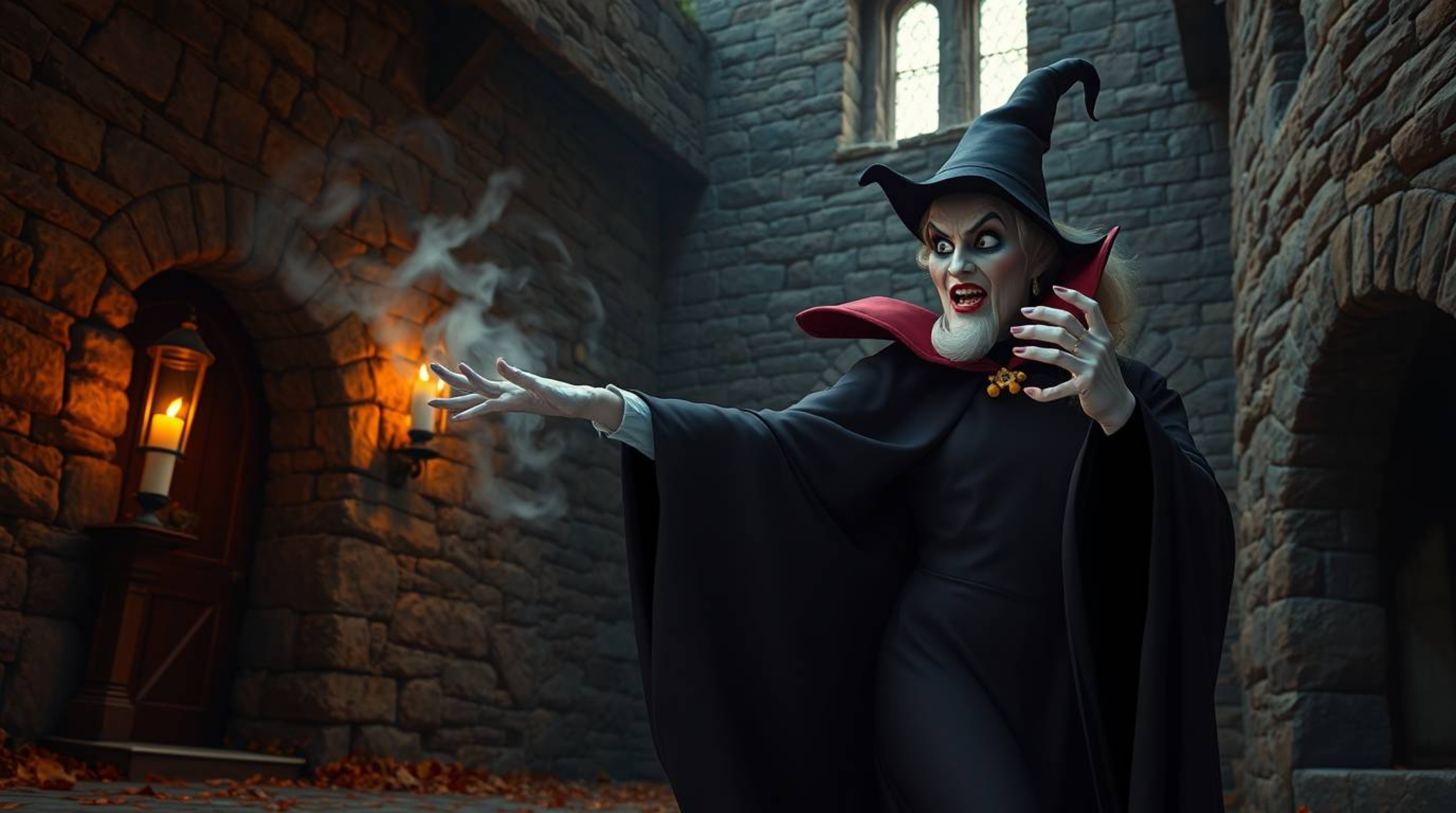 A captivating high-resolution stock photo depicting a classic Disney villain casting a spell within an ancient stone castle. 