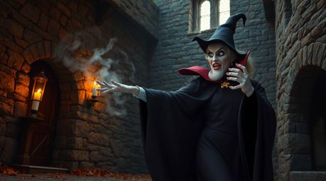 A captivating high-resolution stock photo depicting a classic Disney villain casting a spell within an ancient stone castle.