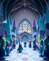 Immerse yourself in a magical world with this intricate origami-style artwork featuring a school for young wizards. The piece