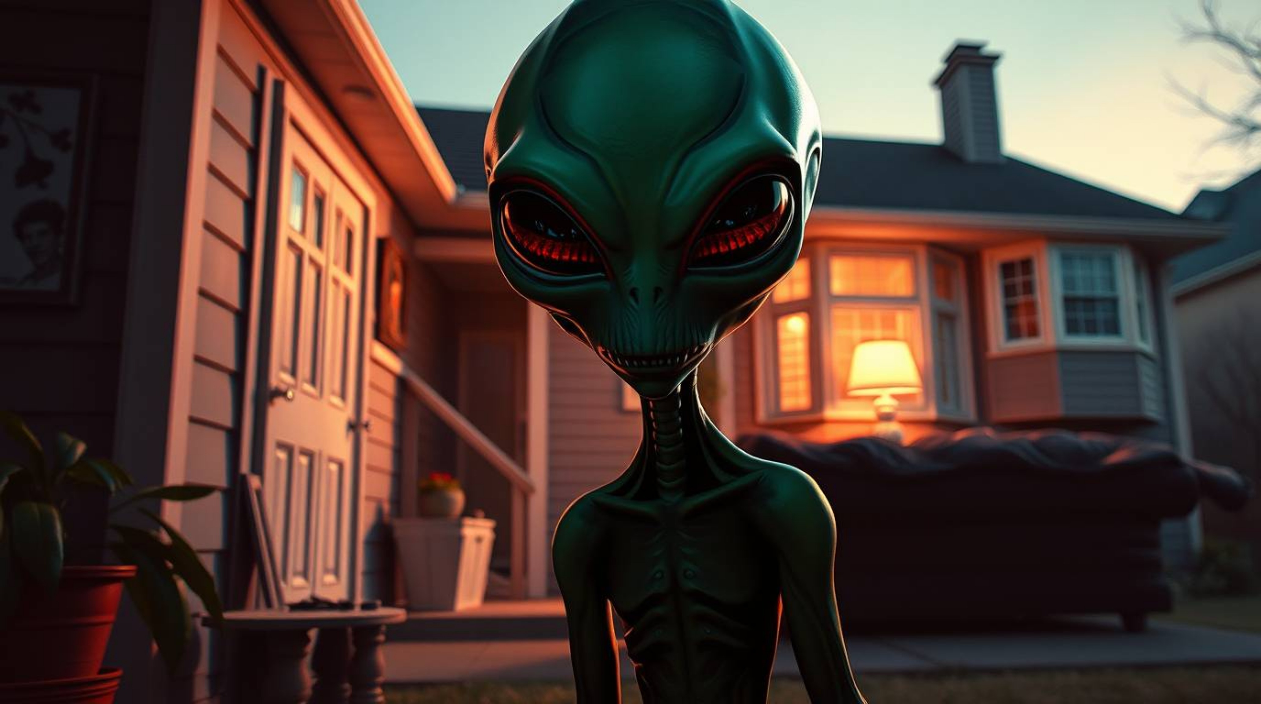 This vibrant image depicts an alien residing in a suburban house, rendered with a captivating combination of complementary co