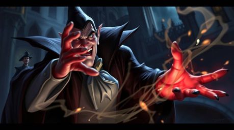 A captivating digital painting showcases a classic Disney villain with sharp features, dynamically casting a spell within a d