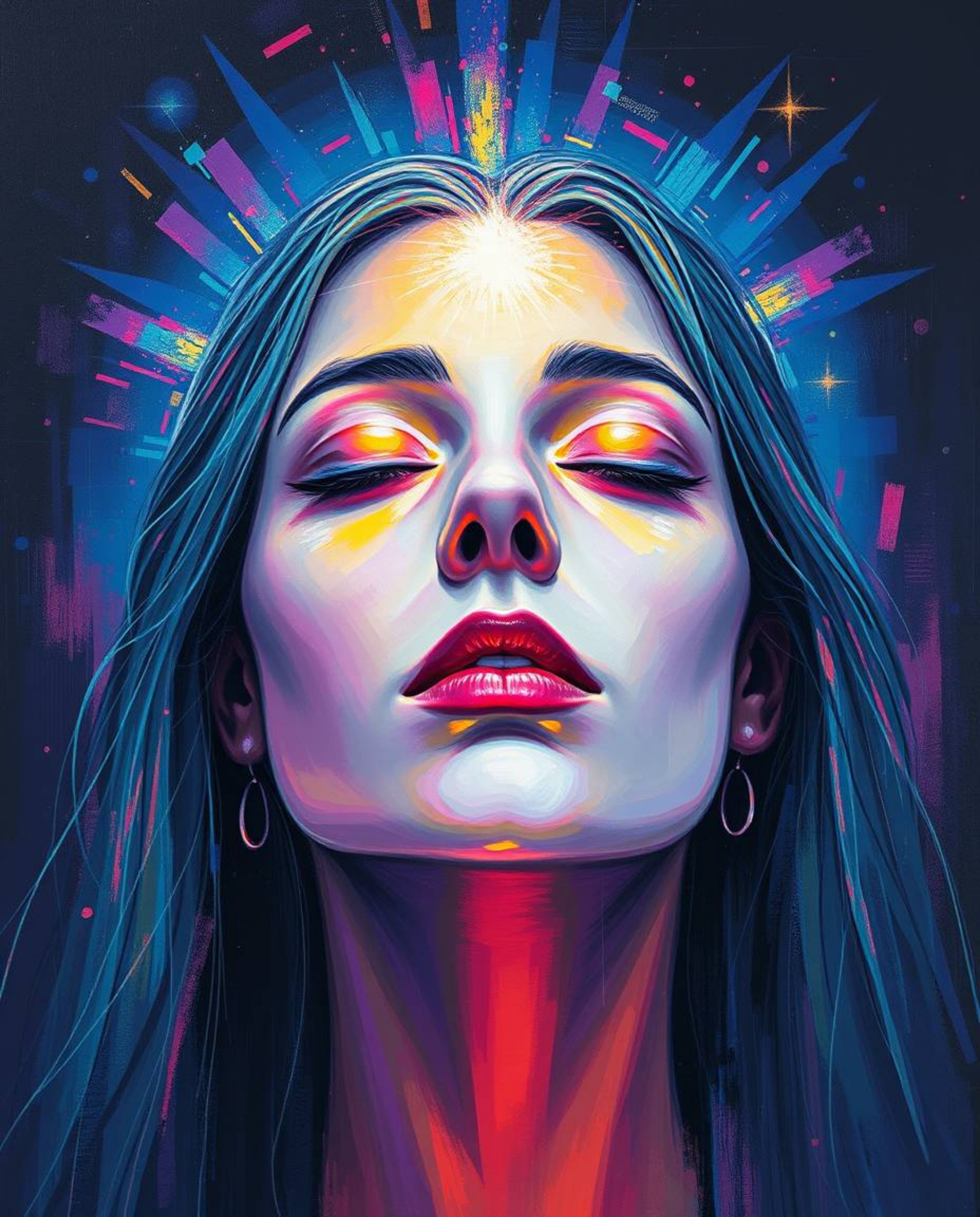 Explore an ethereal spiritual portrait brought to life with bold acrylics and a unique digital glitch art aesthetic. This art