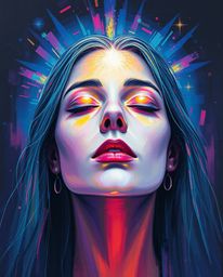Explore an ethereal spiritual portrait brought to life with bold acrylics and a unique digital glitch art aesthetic. This art