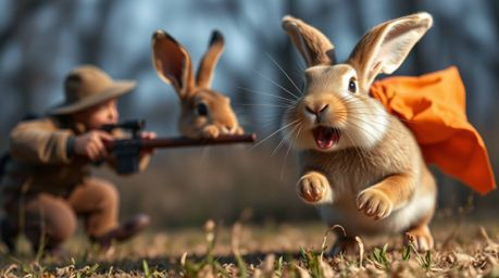This high-resolution stock photo features an extreme macro close-up of a wacky rabbit and a determined hunter in a hilarious 