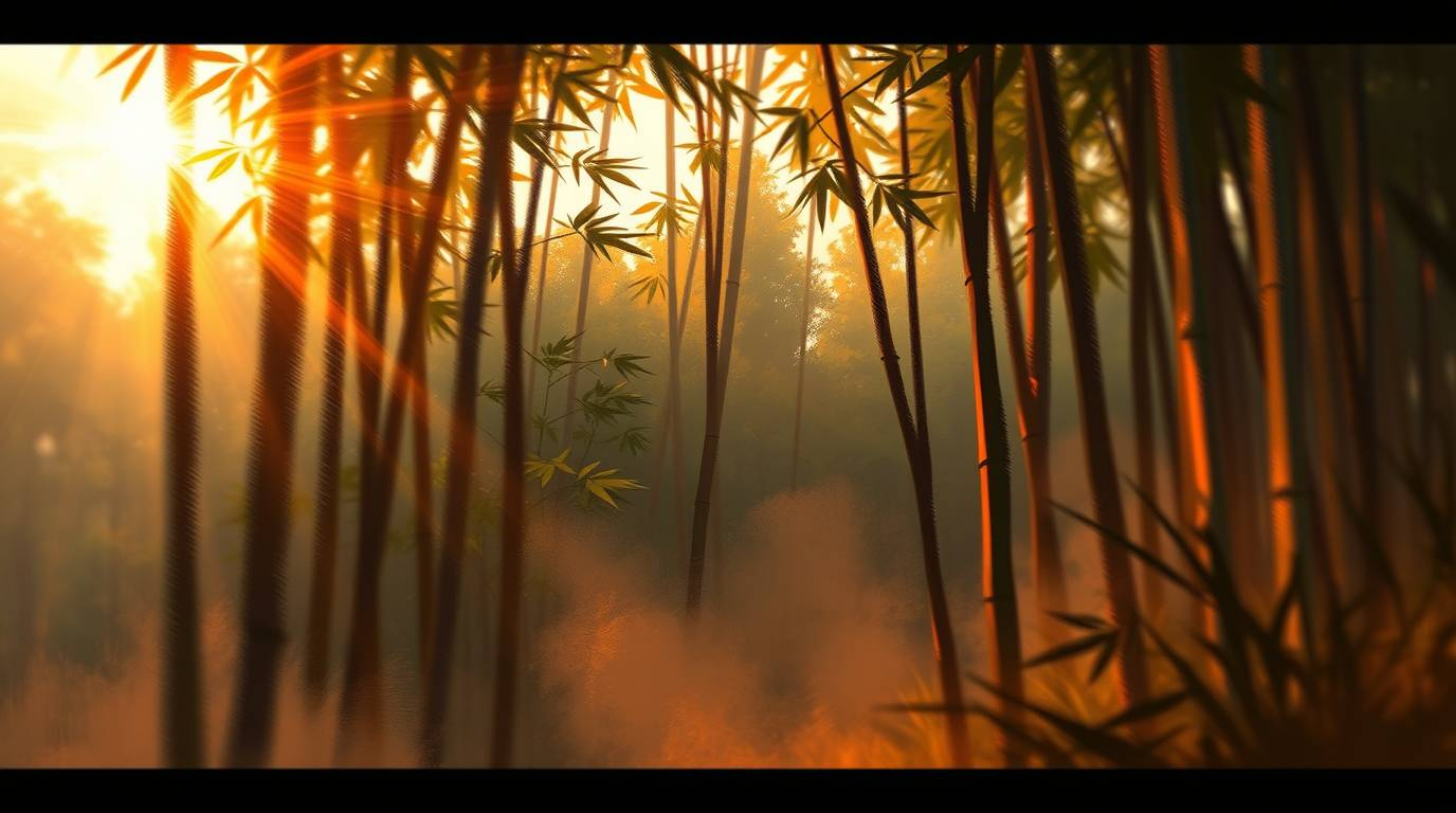Immerse yourself in a dynamic digital sketch of a bamboo forest illuminated by the warm glow of a sunset. This artwork utiliz
