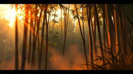 Immerse yourself in a dynamic digital sketch of a bamboo forest illuminated by the warm glow of a sunset. This artwork utiliz