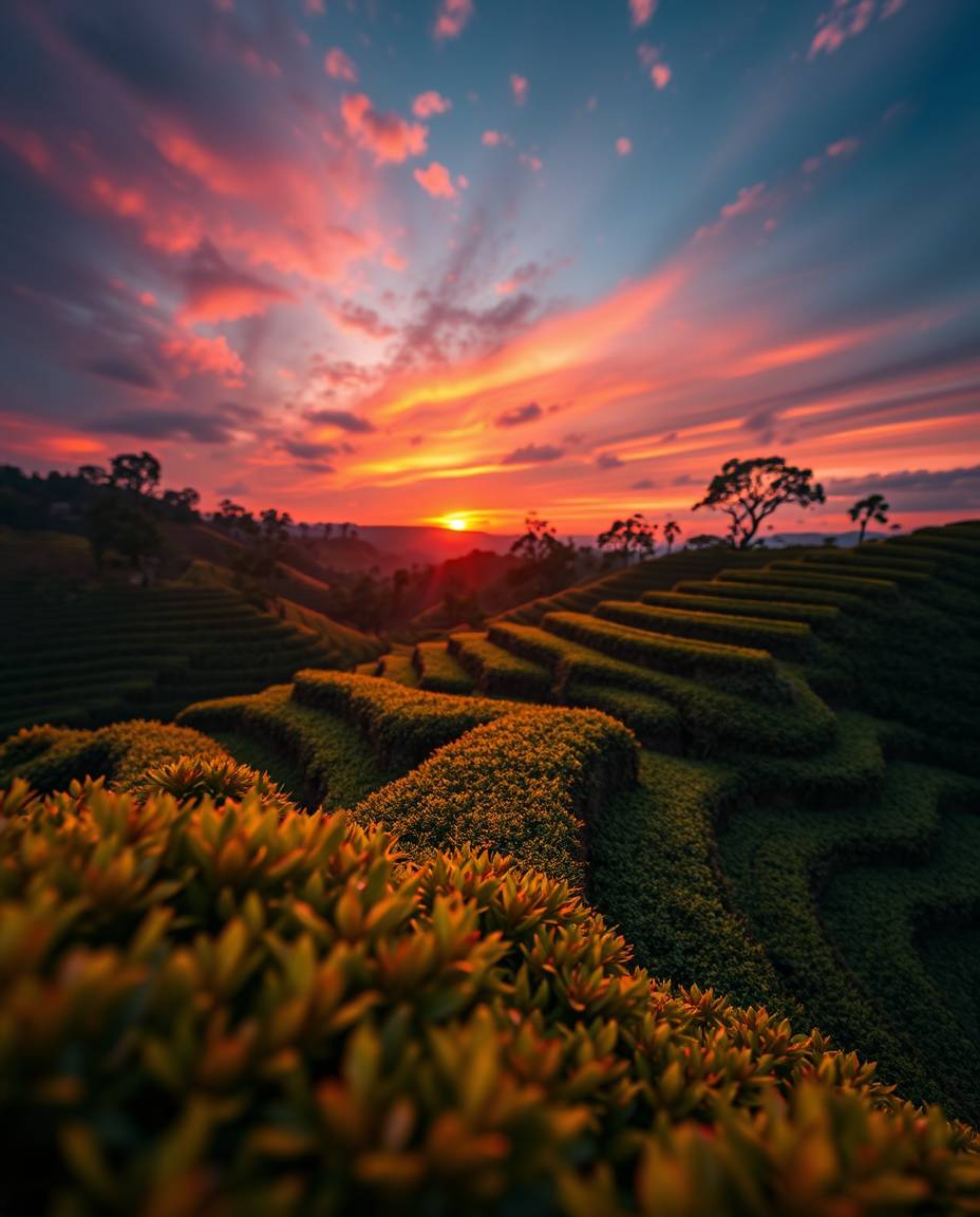 A tight close-up shot that captures the electric, vivid colors of a sunset over terraced tea plantations. The photograph offe