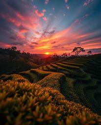 A tight close-up shot that captures the electric, vivid colors of a sunset over terraced tea plantations. The photograph offe