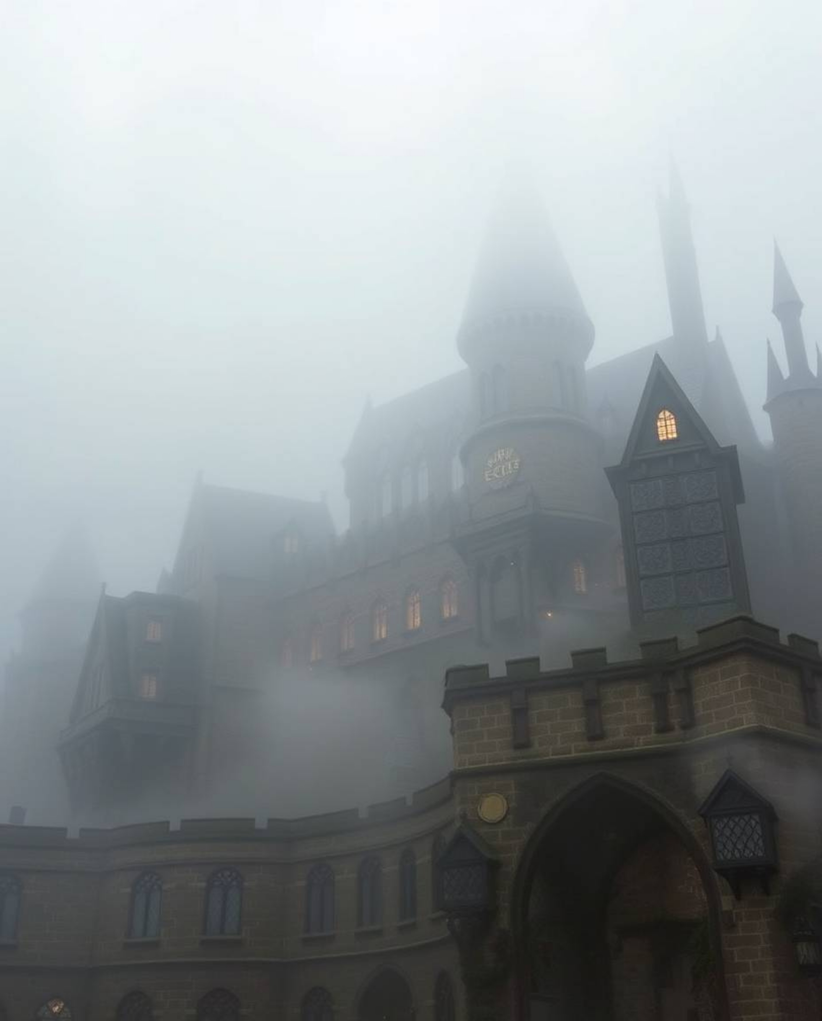 Explore a magical school hidden within thick fog, creating a mystical and enchanting atmosphere. Filled with young wizards ho