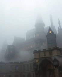 Explore a magical school hidden within thick fog, creating a mystical and enchanting atmosphere. Filled with young wizards ho