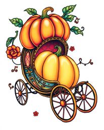 This symbolic traditional tattoo art print captures the magic of a pumpkin transforming into a carriage from a low angle pers