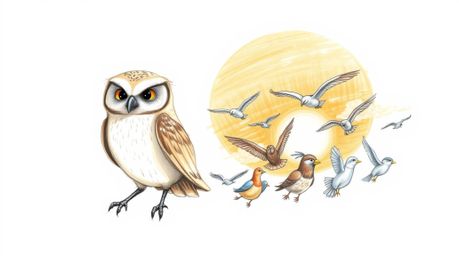 A heartwarming hand-drawn sketch in the style of Pixar depicts a blind owl with soft, expressive features, guiding a diverse 