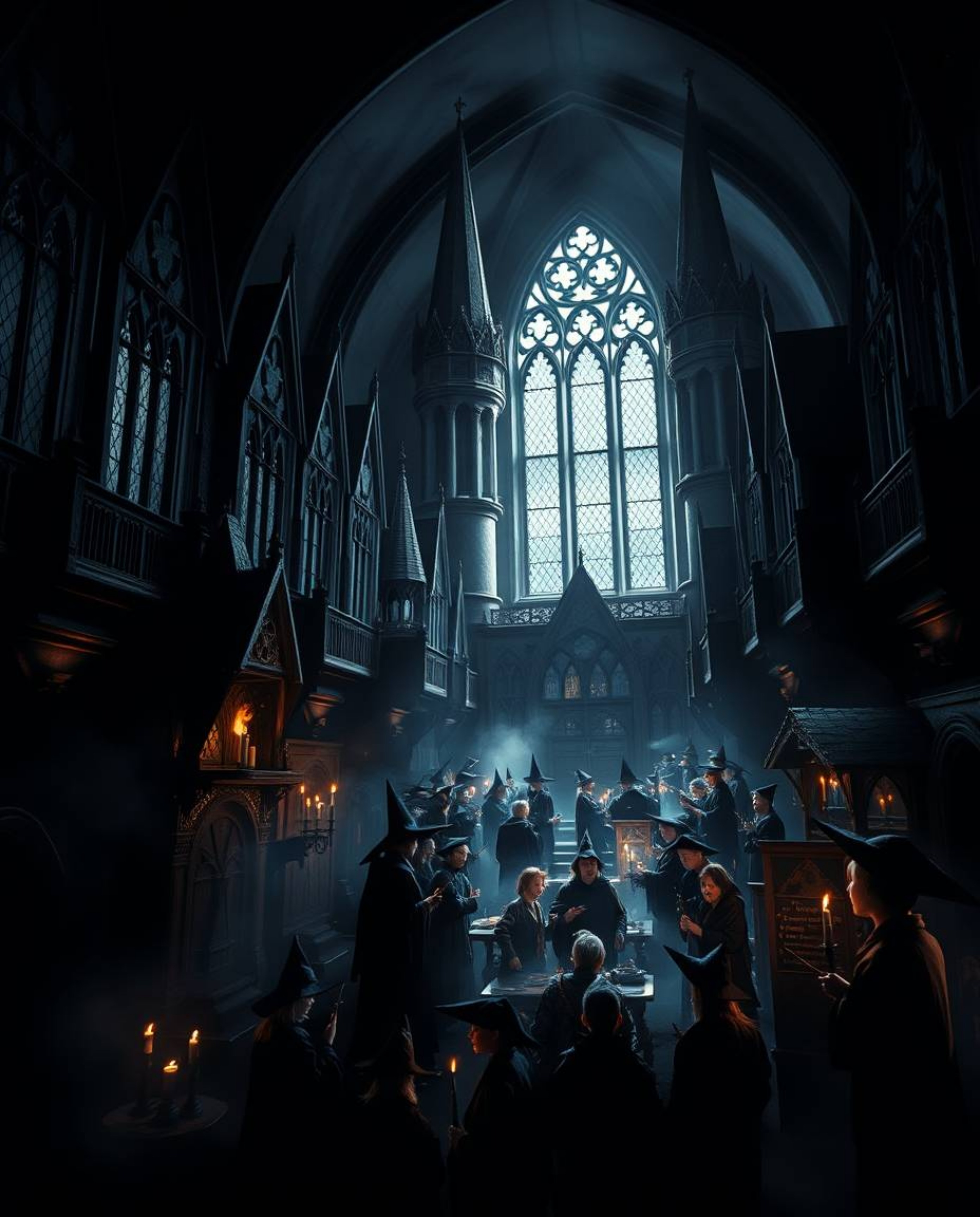 Explore a mysterious and captivating magical school teeming with young wizards, brought to life with intense jet black tones,