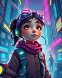 A young and brilliant inventor girl thrives in a dazzling futuristic city filled with advanced technology. Rendered in a vibr