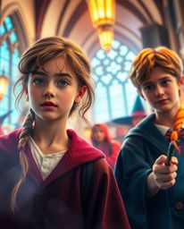 Immerse yourself in a magical school brimming with young wizards, bathed in bright, vibrant colors and a soft cinematic haze.