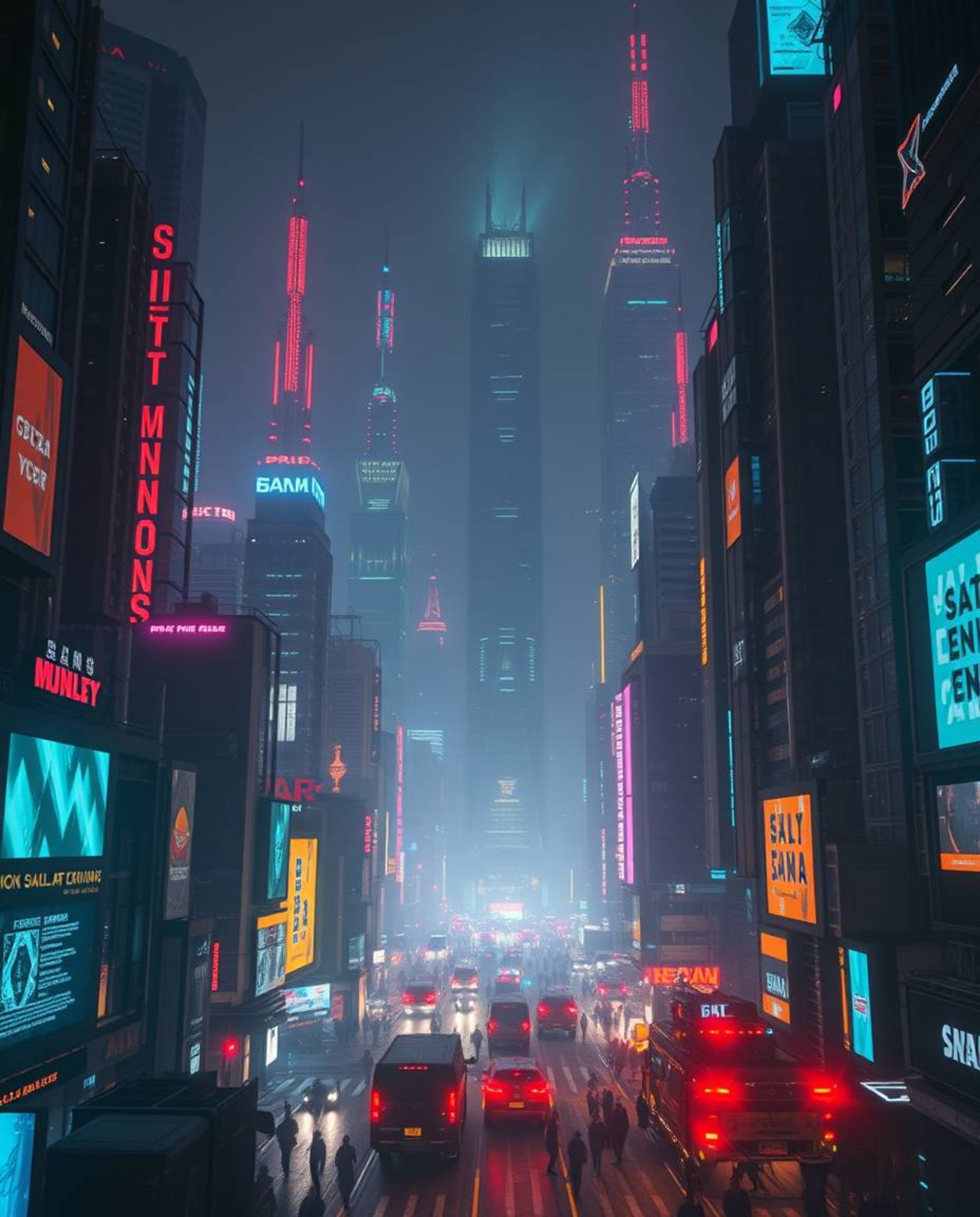 A stunning professional photograph depicts a futuristic city in a glitch-mode aesthetic.  Flickering lights and broken hologr