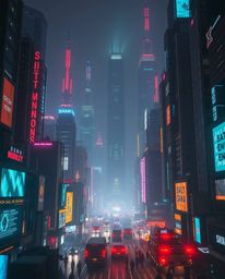 A stunning professional photograph depicts a futuristic city in a glitch-mode aesthetic.  Flickering lights and broken hologr
