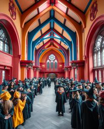 Capture the enchanting beauty of a magical school filled with young wizards through precise architectural color photography. 