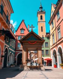 This captivating architectural photograph captures a vibrant musical number unfolding in a bustling town square. The image sh