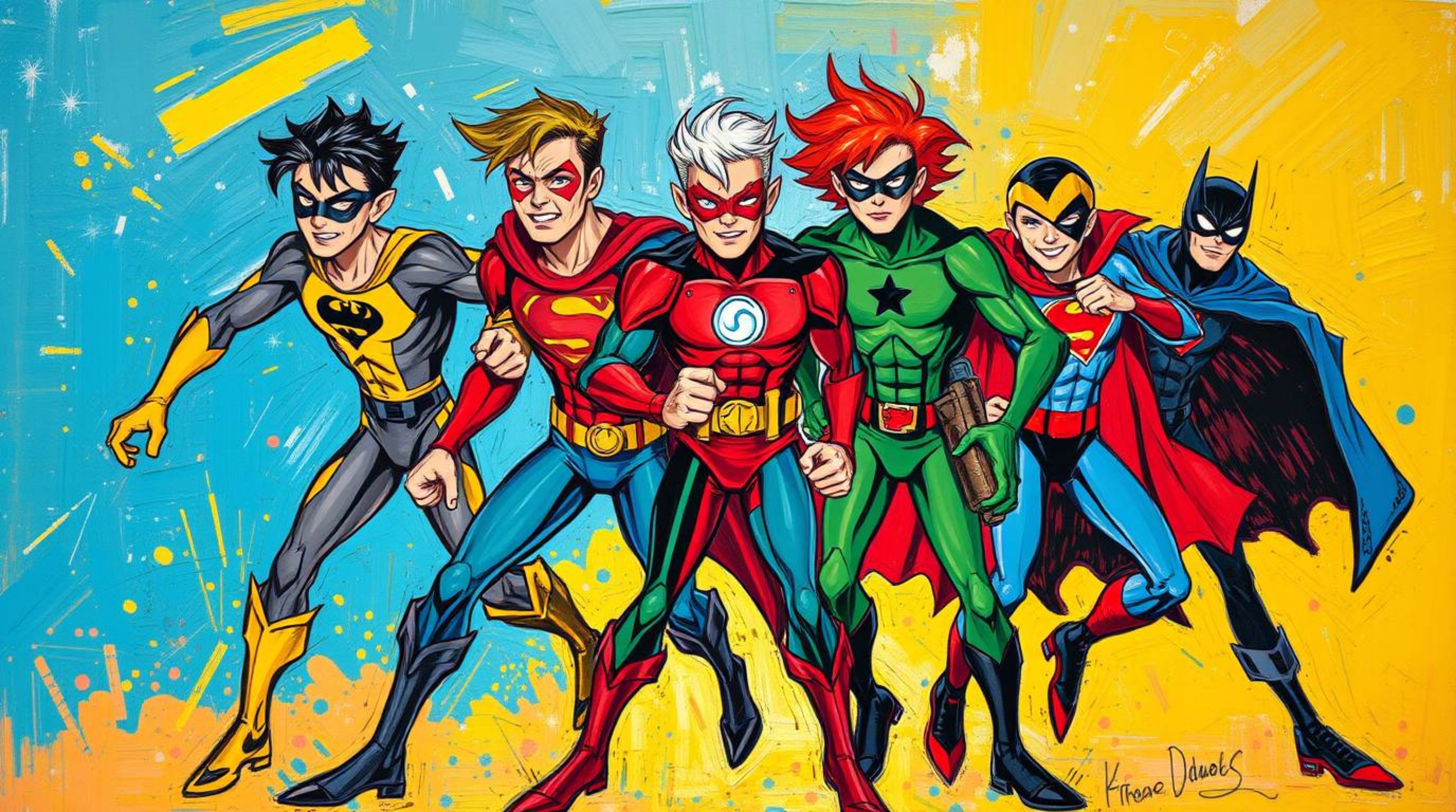 A bold and dynamic acrylic painting showcases a team of misfit heroes in vibrant, energetic colors.  The artist's textured br