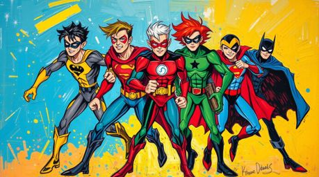 A bold and dynamic acrylic painting showcases a team of misfit heroes in vibrant, energetic colors.  The artist's textured br