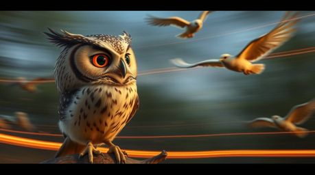 This image showcases a heartwarming scene of a blind owl, rendered in Pixar style, passionately teaching birds how to fly.  A