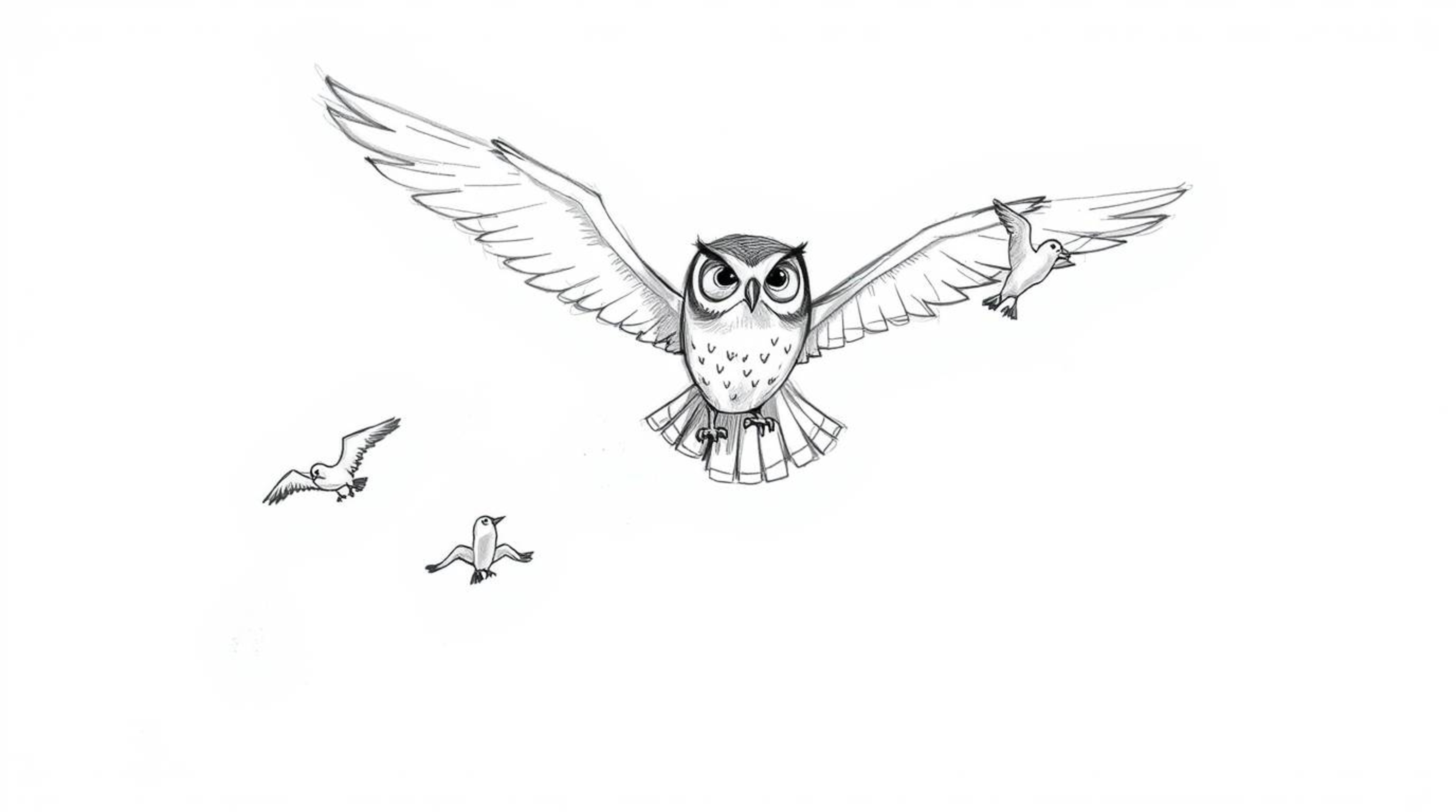 A heartwarming hand-drawn sketch in the iconic Pixar style depicts a unique scene: a blind owl, wings outstretched, teaching 