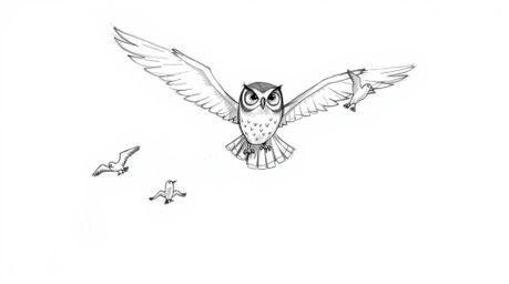 A heartwarming hand-drawn sketch in the iconic Pixar style depicts a unique scene: a blind owl, wings outstretched, teaching 