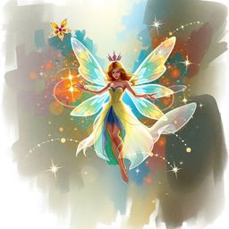 A dynamic digital sketch depicts a fairy godmother emerging from a swirl of sparkles.  The artwork showcases loose painterly 