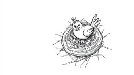 A charming hand-drawn sketch depicts two cartoon birds diligently constructing a nest, rendered in a classic animation style.