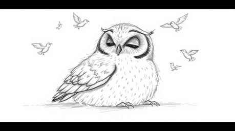 A heartwarming hand-drawn sketch in the style of Pixar depicts a blind owl with soft, feathery texture, peacefully resting ag
