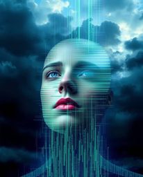 This dramatic digital painting depicts a human face in the midst of a captivating transformation, dissolving into a dynamic d